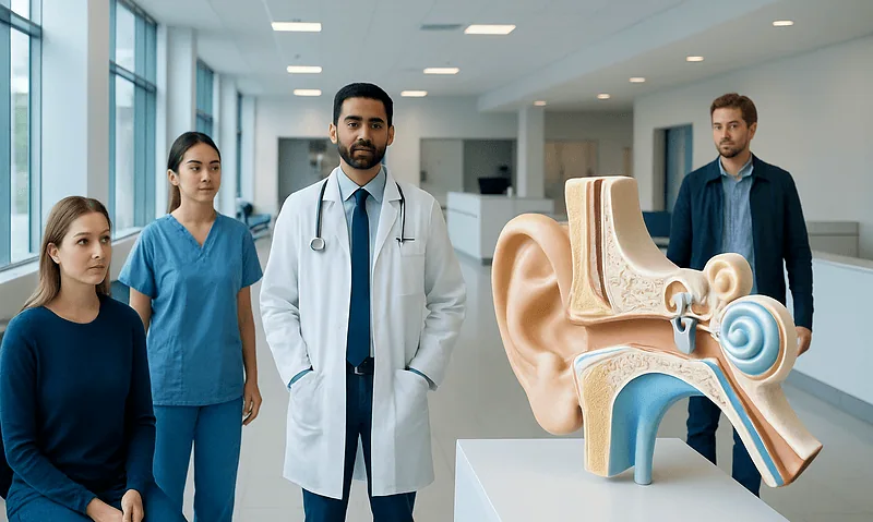 Medical team with ear anatomy model in hospital setting.