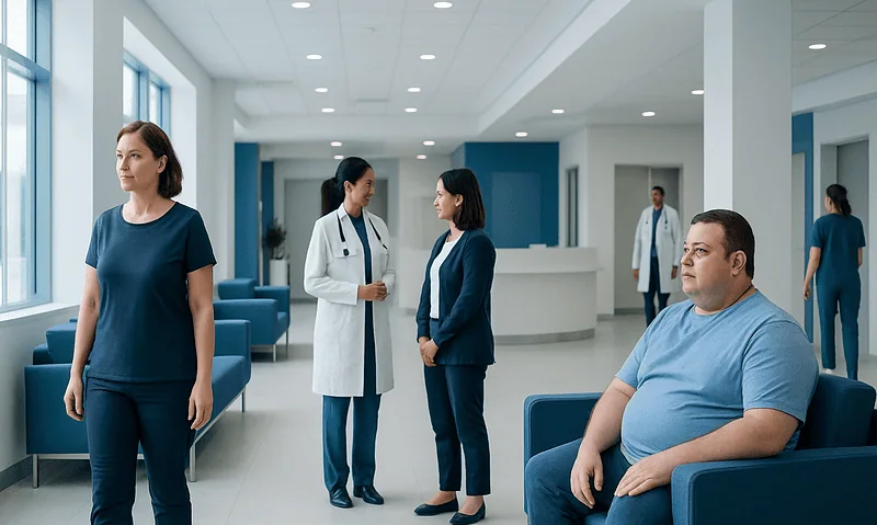 Patients and medical staff in a modern hospital waiting area.