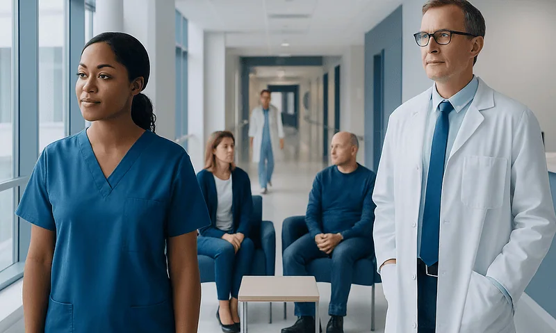Medical professionals waiting in a hospital corridor with a nurse and doctor in focus.