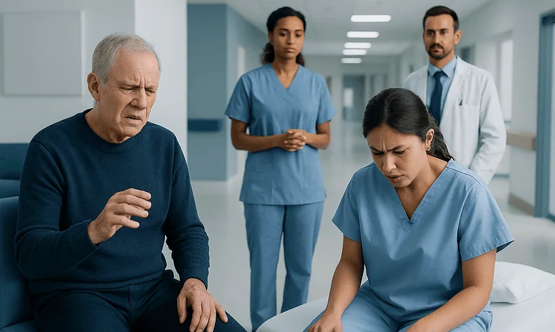 Elderly man experiencing discomfort during medical consultation in hospital.