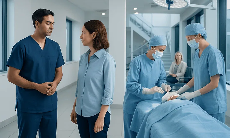 Medical team preparing for interventional neurology procedure in hospital.