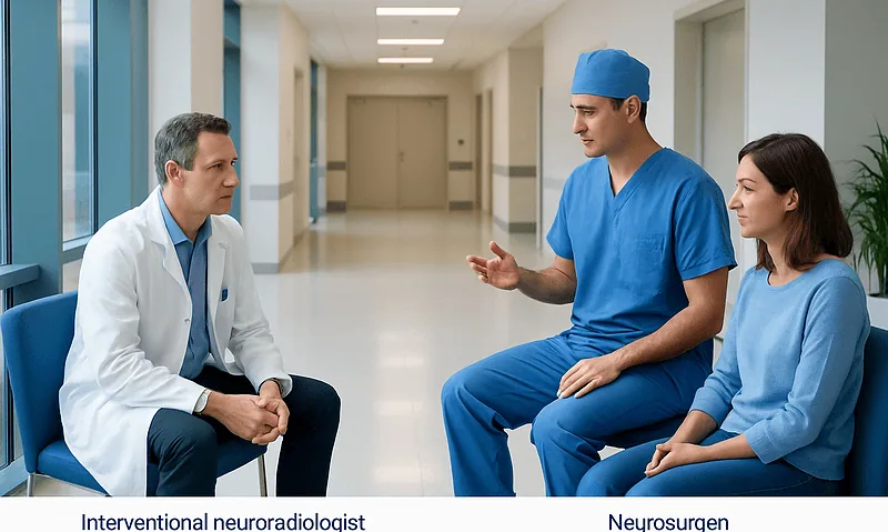 Interventional neuroradiologist consulting with neurosurgeon and patient in hospital corridor.