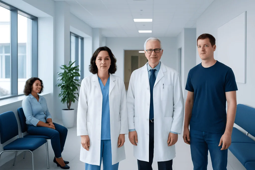 Type 1 vs Type 2 Diabetes: Key Differences and How Doctors Tell Them Apart 1 Medical team in hospital corridor with patients and doctors at Acibadem Hospitals Group.