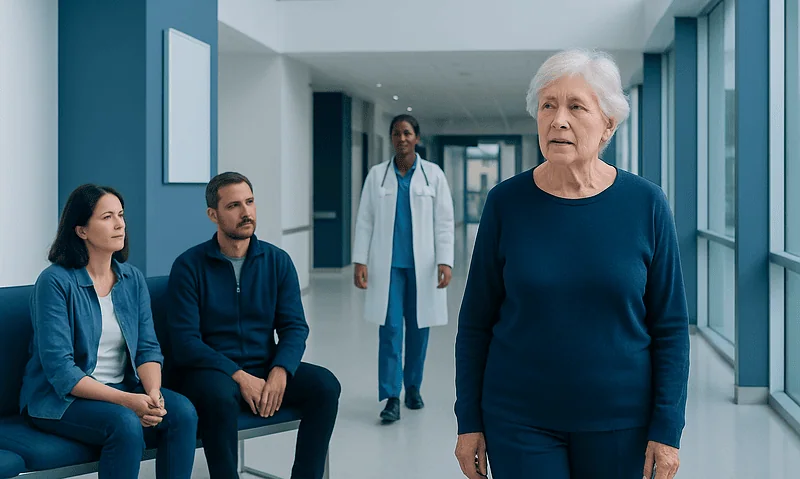 Elderly woman with cognitive concerns in a hospital corridor with medical staff.
