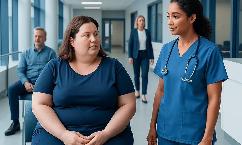 Patient consulting with healthcare professional in hospital corridor.