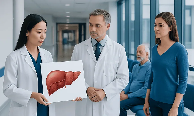 Doctors discussing liver health with a model liver in a hospital corridor.