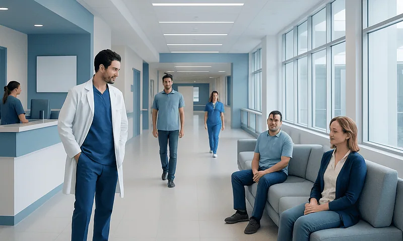 Medical professionals and patients in a modern hospital corridor.