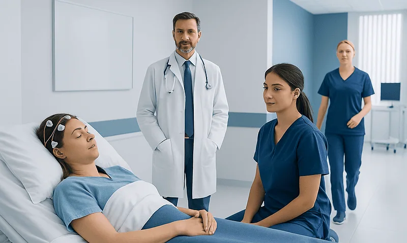 Doctor and nurses with patient in hospital room for sleep or neurology evaluation.