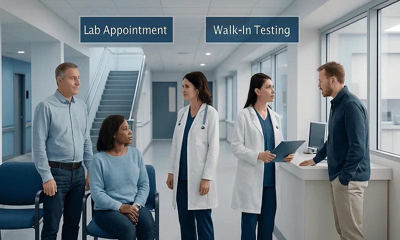 Patients and medical staff at hospital reception for lab appointment and walk-in testing.