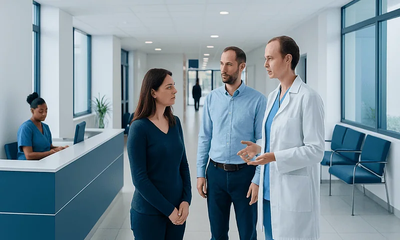 Doctor consulting with patients in a modern hospital corridor.