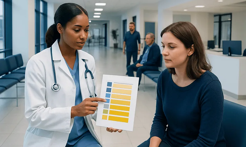 Doctor explaining urine color chart to patient in hospital corridor.