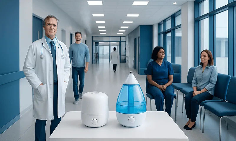 Medical professionals and patients in a modern hospital corridor with humidifiers on display.