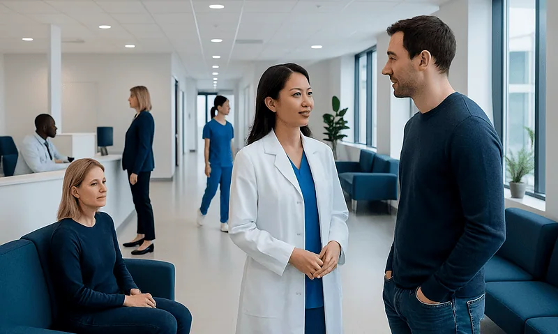 Veneers vs Crowns: Key Differences and How Doctors Tell Them Apart 13 Dentist consulting with a patient in a modern hospital corridor.