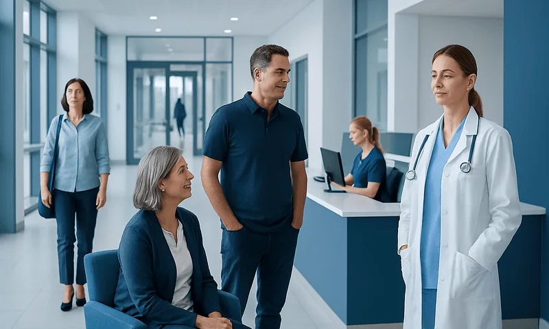 Patients and doctor in a modern hospital corridor at Acibadem Hospitals Group.