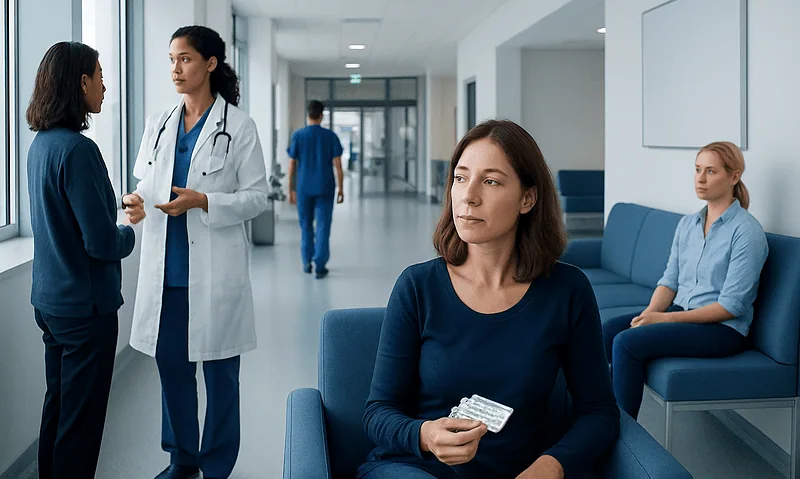 Patients waiting in a hospital corridor with a doctor consulting a visitor.