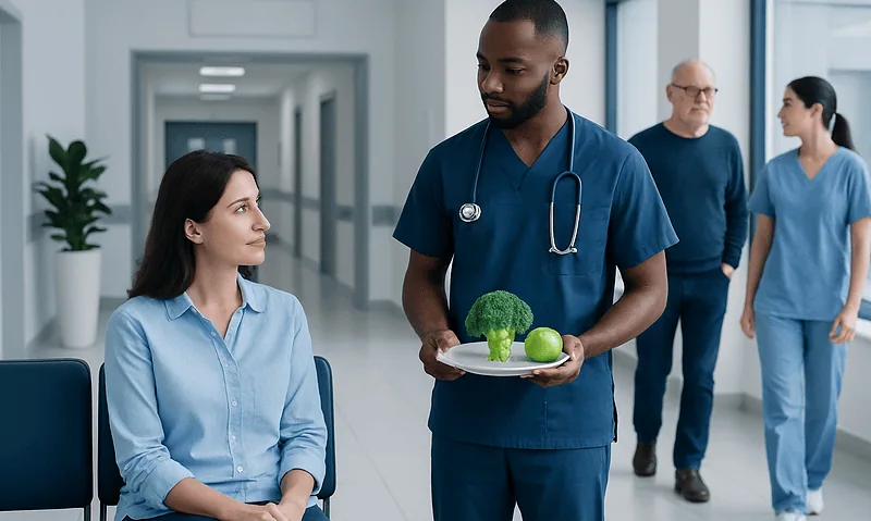 Healthcare professional with a patient in a hospital corridor.