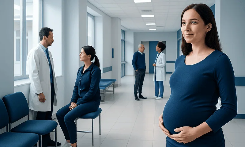 Pregnant woman in hospital corridor with medical staff and patients.