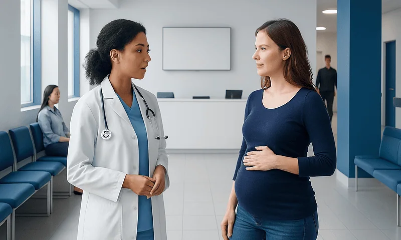 Pregnant woman consulting with a doctor in a hospital corridor.