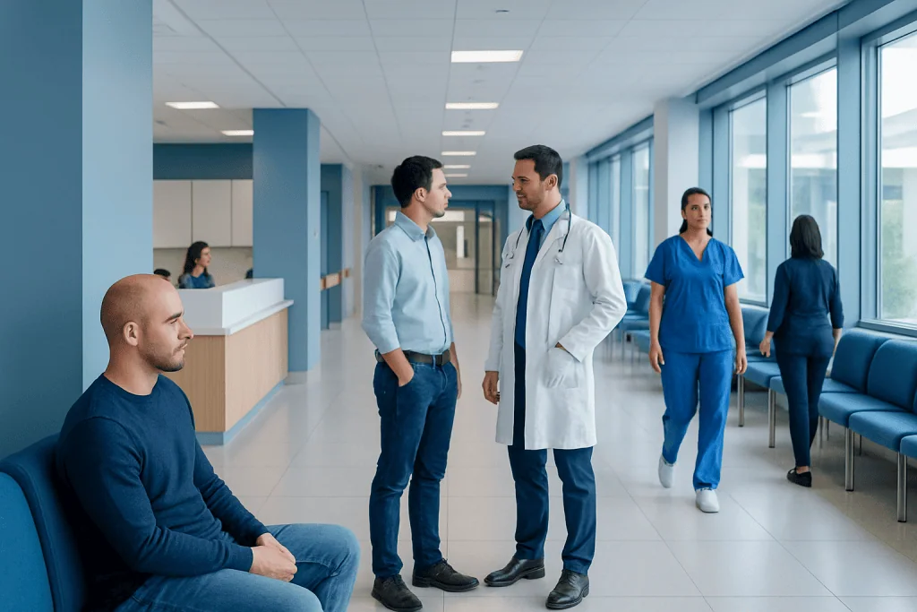 1000 Grafts Hair Transplant: Coverage, Cost Factors, and What to Expect 1 Hospital corridor with medical staff and patients at Acibadem Hospitals Group.
