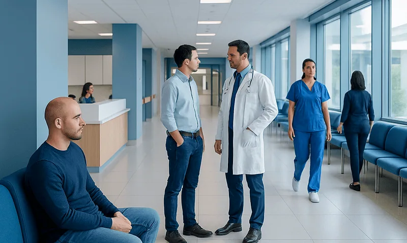 Hospital corridor with medical staff and patients at Acibadem Hospitals Group.