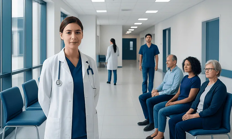 Healthcare professionals and patients in a hospital corridor at Acibadem Hospitals Group.