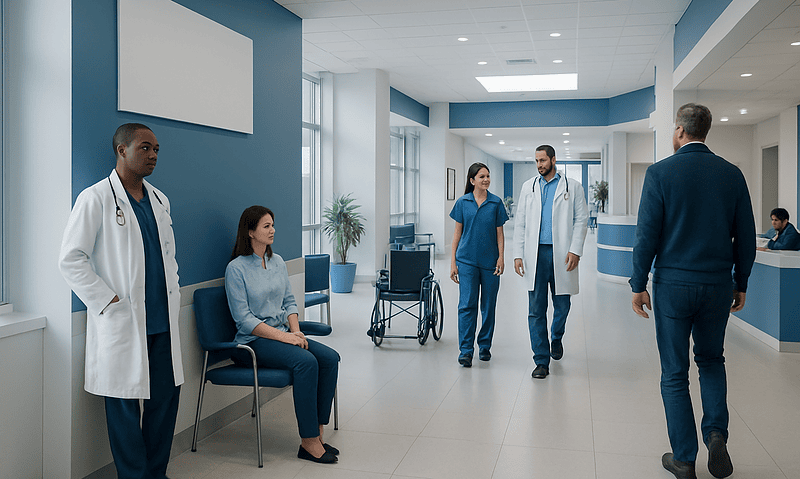 Medical staff and patient in hospital corridor at Acibadem Hospitals Group.