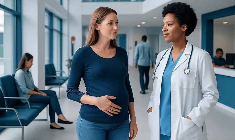 Pregnant woman consulting with a doctor at a hospital.
