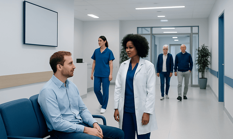 Doctor consulting with patient in hospital corridor.