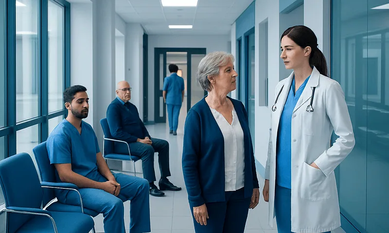 Healthcare professionals and patients in a hospital corridor.