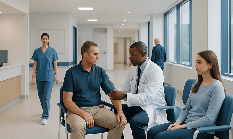 Doctor measuring patient's blood pressure in hospital corridor.
