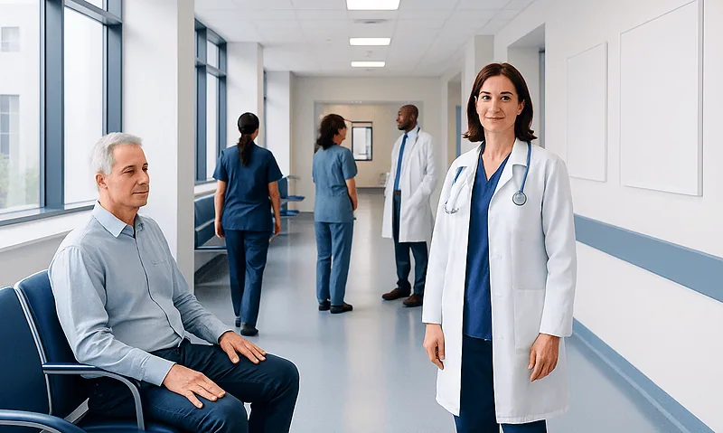 Healthcare professionals and patient in hospital corridor at Acibadem Hospitals Group.