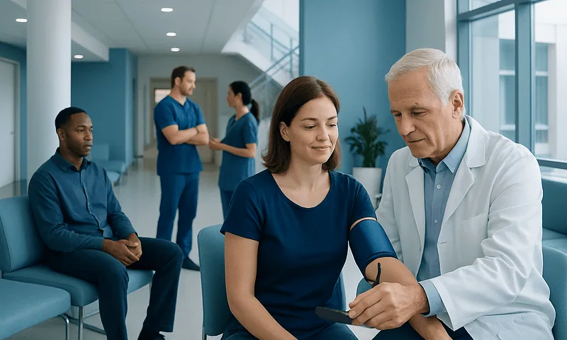Doctor measuring patient's blood pressure in a hospital setting.