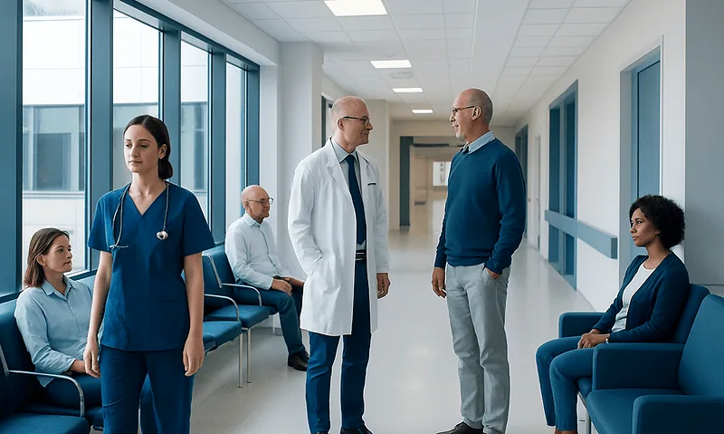 Hospital corridor with medical staff and patients waiting.