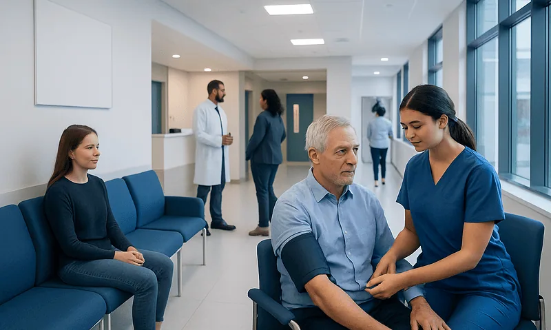Doctor measuring blood pressure of a patient in a hospital corridor.