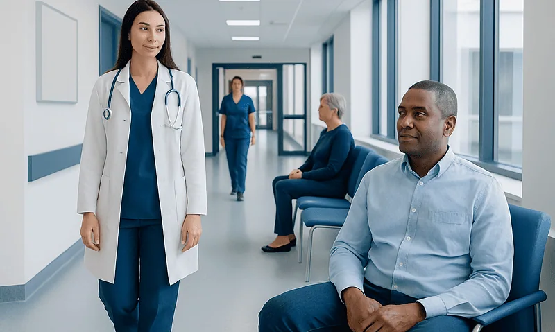 Healthcare professionals and patients in a hospital corridor.