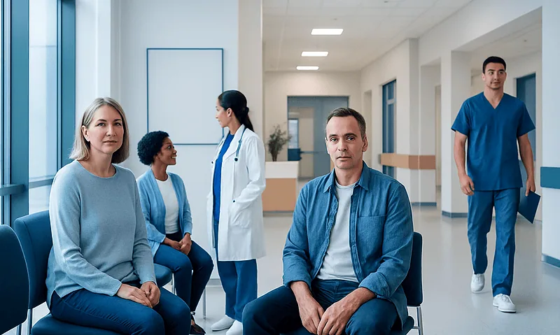 Patients waiting in a hospital corridor with medical staff nearby.