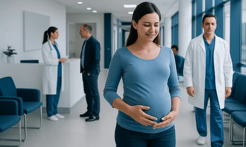 Pregnant woman smiling in hospital corridor with medical staff.