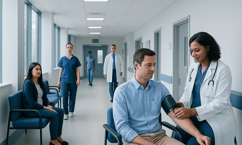 Doctor measuring blood pressure of a patient in hospital corridor.