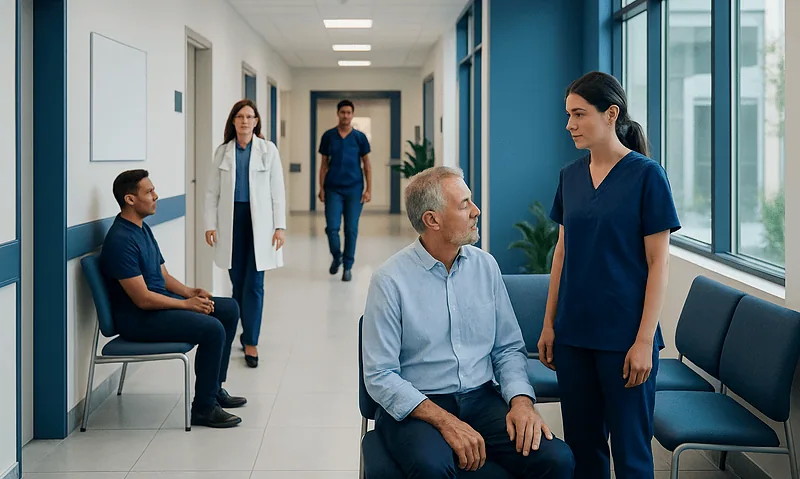 Hospital corridor with medical staff and patient consultation.