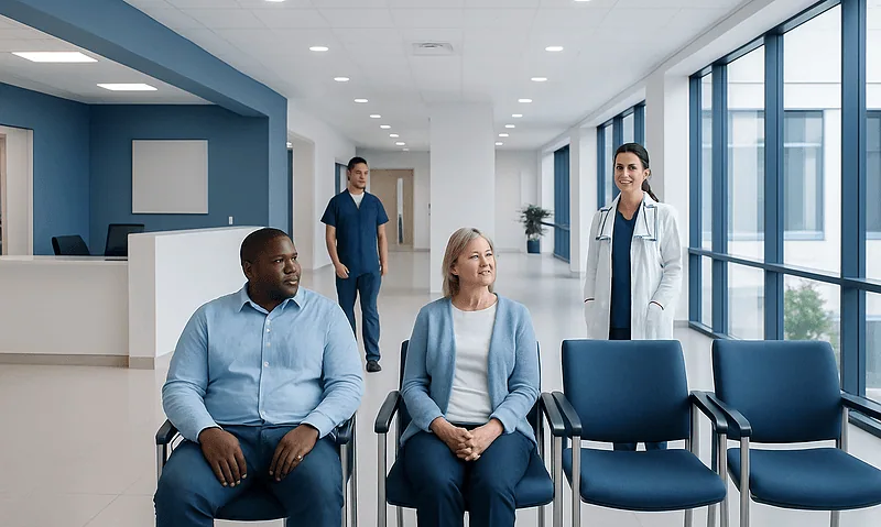Patients waiting in a modern hospital lobby with medical staff nearby.