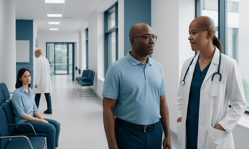 Doctor consulting with patient in hospital corridor for blood pressure check.