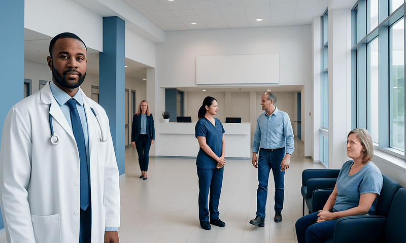 Medical staff and patients in a modern hospital lobby.