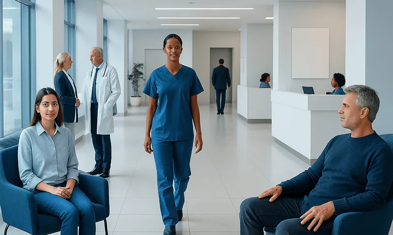 Healthcare professionals and patients in a modern hospital waiting area.