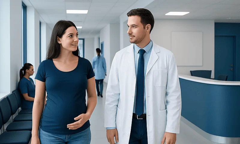 Pregnant woman talking to doctor in hospital corridor.