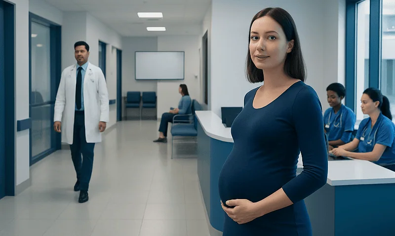Pregnant woman at hospital reception with medical staff in background.