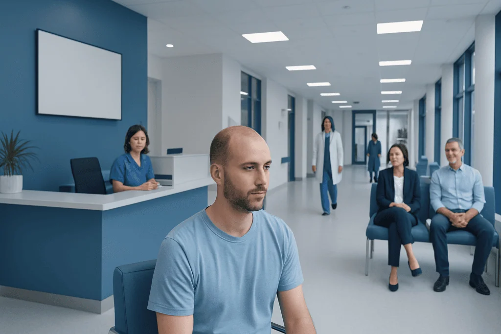 1500 Grafts Hair Transplant: Coverage, Cost Factors, and What to Expect 1 Patient waiting in a modern hospital corridor with medical staff nearby.