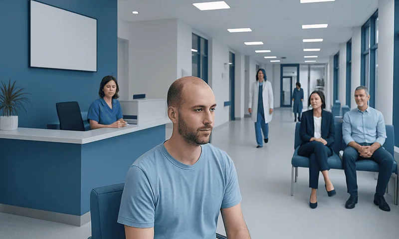 Patient waiting in a modern hospital corridor with medical staff nearby.