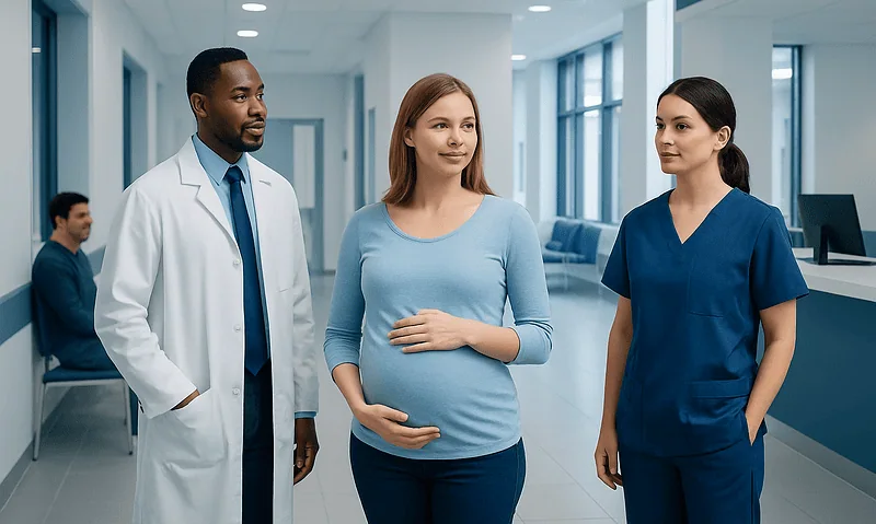Pregnant woman with healthcare professionals in hospital corridor.