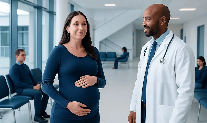 Pregnant woman consulting with a doctor in a hospital waiting area.