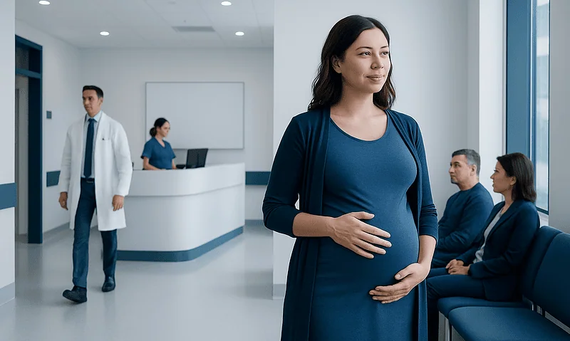 Pregnant woman waiting in hospital corridor with medical staff nearby.